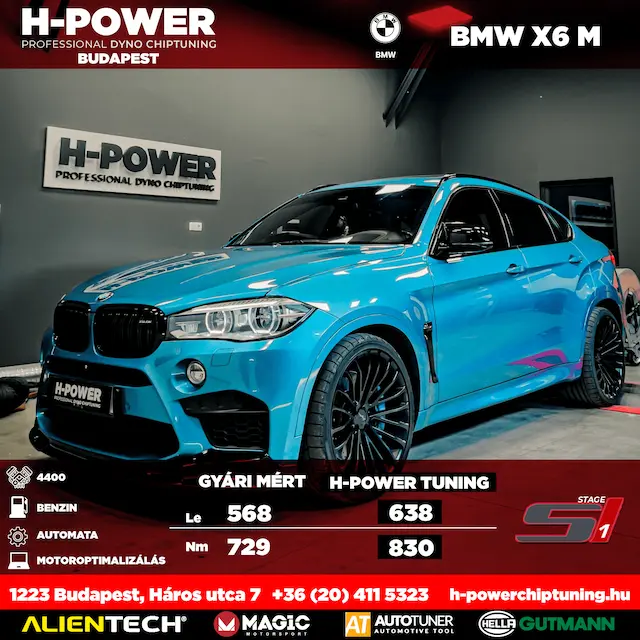 BMW X6 M – gyári: 568 LE / 729 Nm, H-POWER tuning: 638 LE / 830 Nm